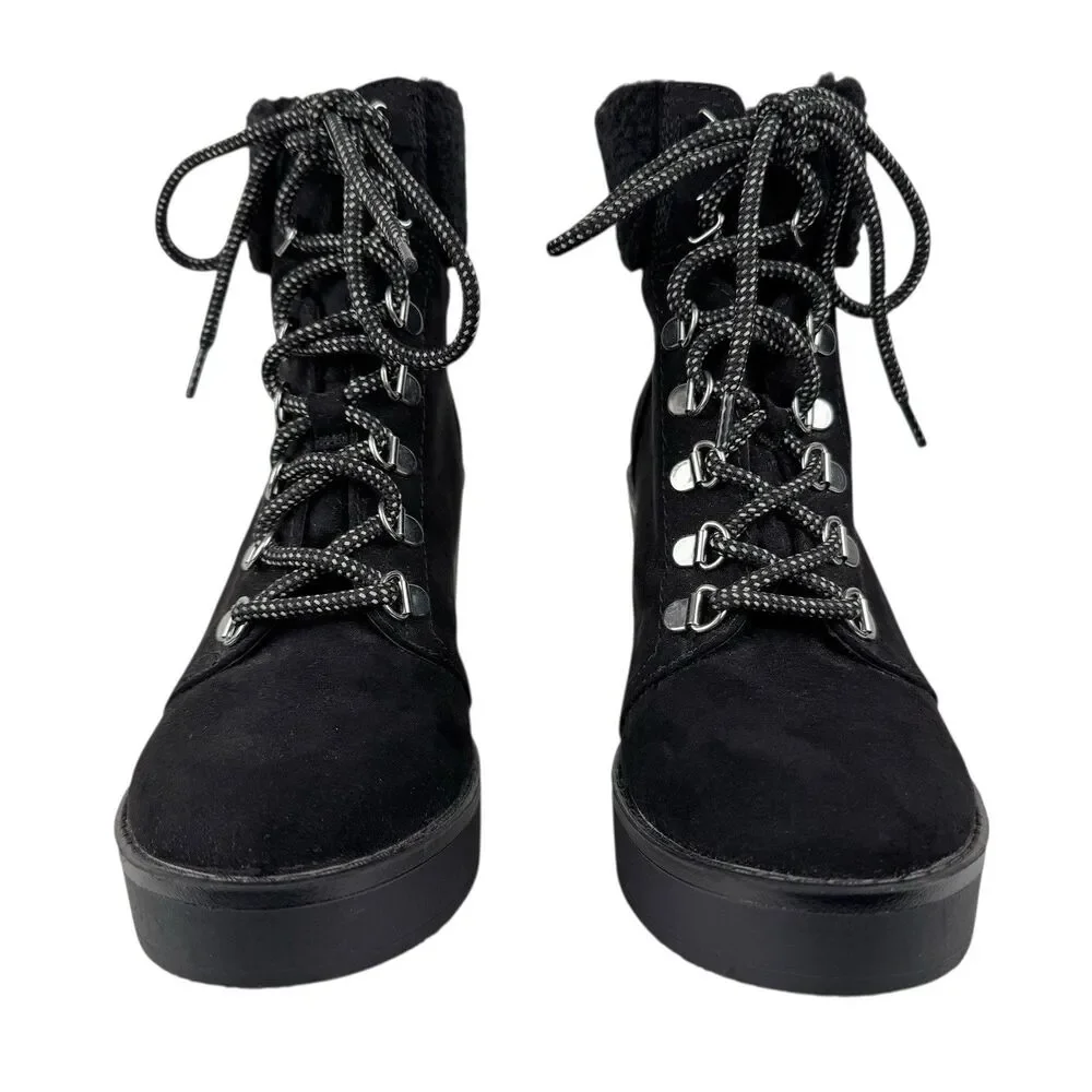 Esprit Roxy Womens Suede Wedge Faux Fur Ankle Bootie 7M‎ Black Lace Up Cozy